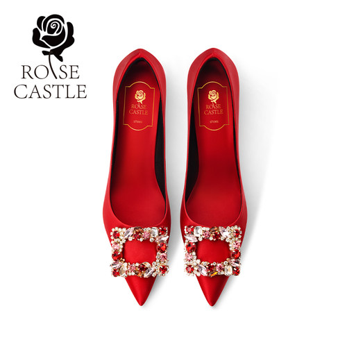 rose castle婚宴鞋 红色秀禾婚鞋女中式婚礼水钻方扣高跟新娘单鞋 - 图0