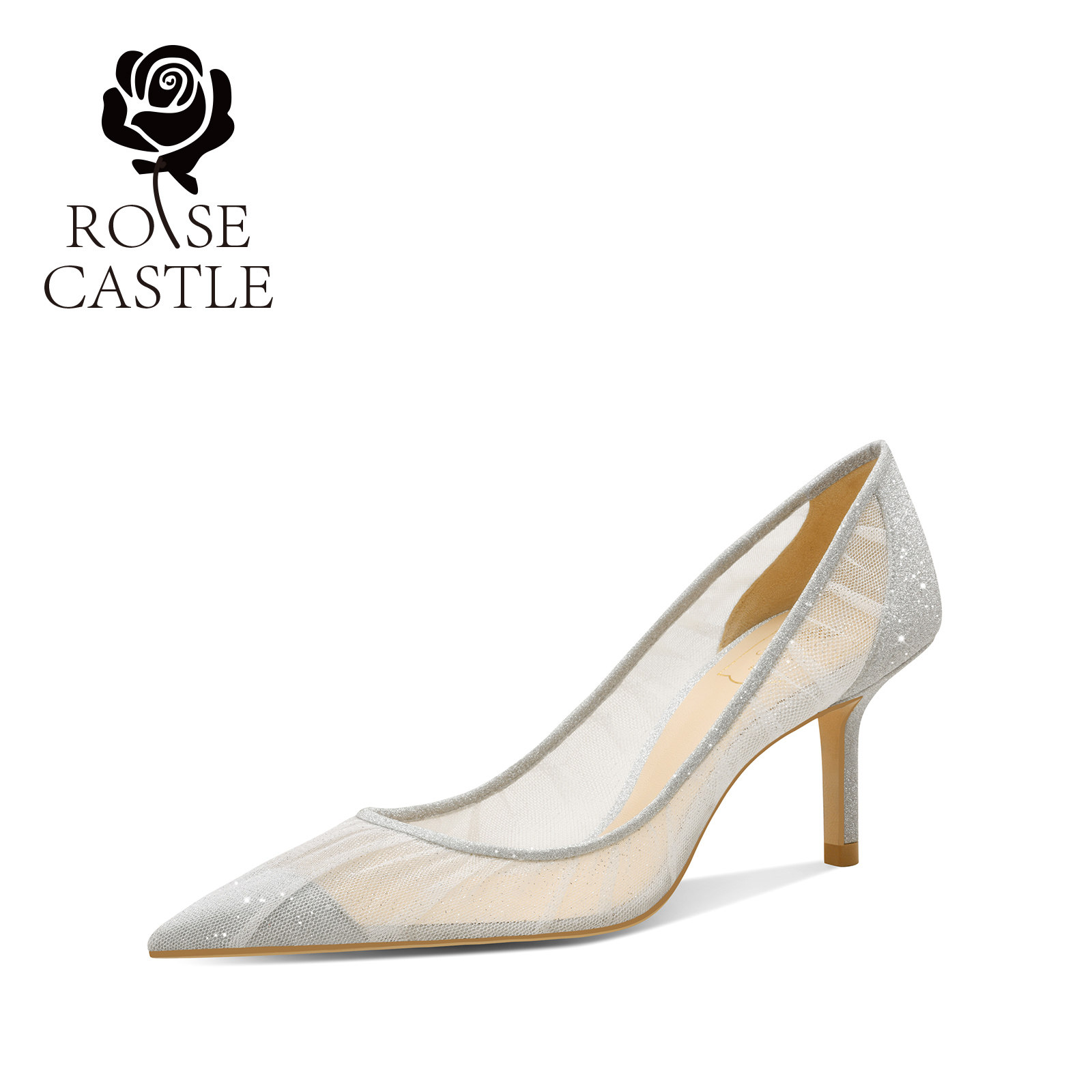 皎月浮光 rosecastle 婚鞋女尖头浅口时尚单鞋银色蕾丝宴会高跟鞋,淘宝优惠券,粉丝福利购,淘宝优惠卷