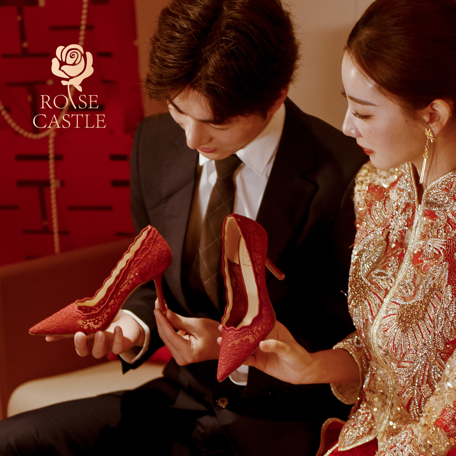 rose castle绝美中式蕾丝婚鞋新娘鞋女秀禾鞋尖头宴会高跟鞋红色,淘宝优惠券,粉丝福利购,淘宝优惠卷