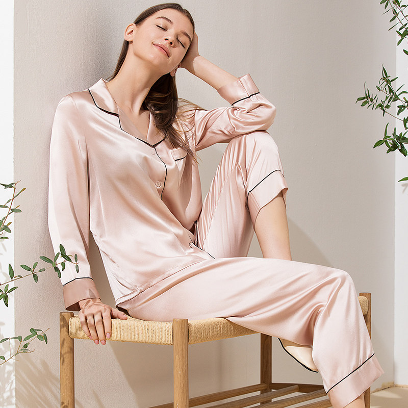 情侣男女春夏款桑蚕丝长袖结婚睡衣 金三塔浙江睡衣/家居服套装