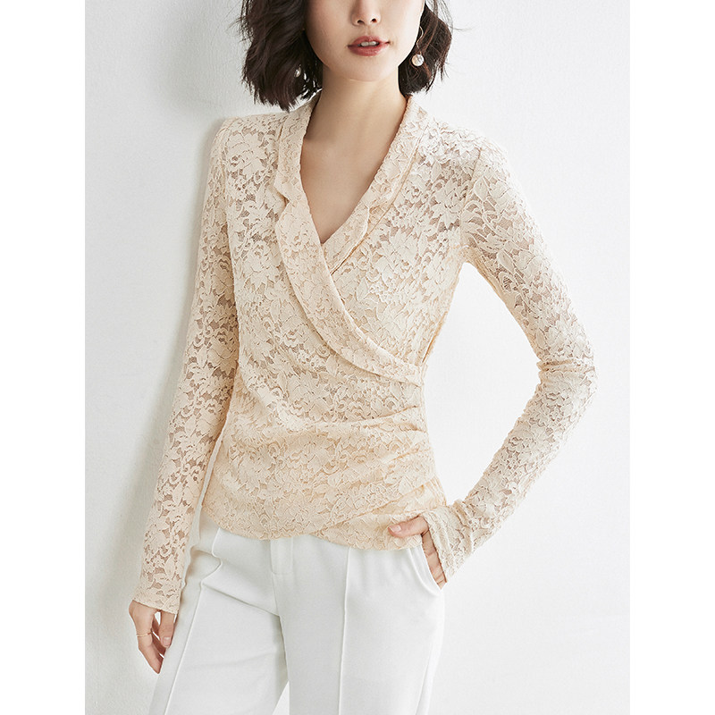 sofa性感镂空交叉v领蕾丝秋女内搭 sofa蕾丝衫/雪纺衫
