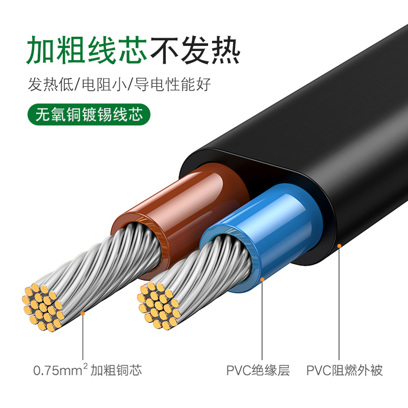 2插电源线带插头带线单插头0.5/0.75平两项两孔2芯二脚裸尾纯铜线