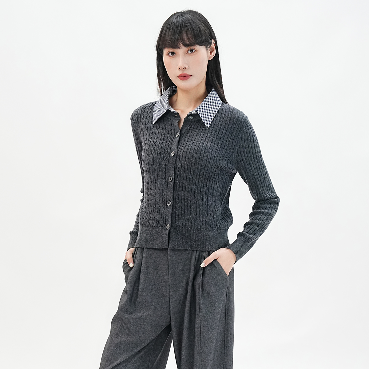 歌蒂诗2025秋季新款时尚简约假两件衬衫领针织开衫外套3F11Z1751A - 图1