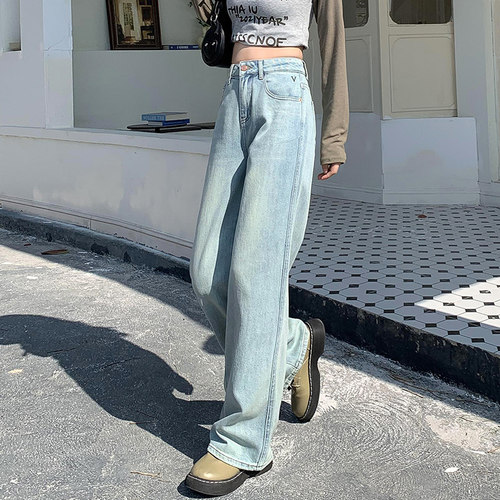 2026秋新款Jeans阿凡牛3234浅蓝V字显瘦窄版百搭女牛仔直筒阔腿裤 - 图0