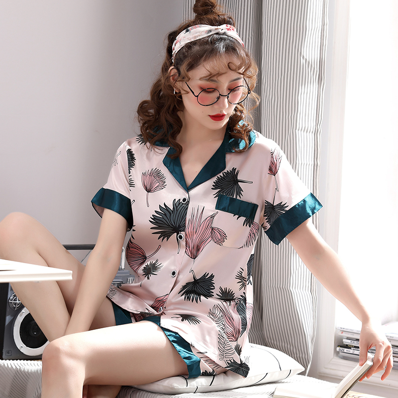 兰秀美旗舰店冰丝睡衣女夏季短袖薄款丝绸开衫甜美韩版性感夏天两件套装家居服1