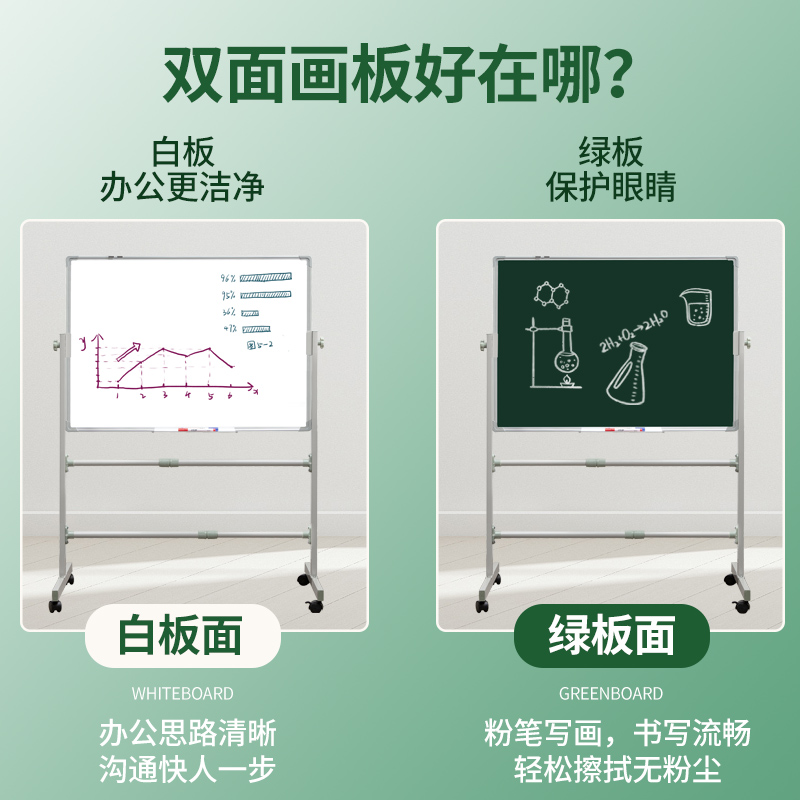 白板写字板支架式移动练粉笔字黑板墙贴磁吸磁性挂式学生学习家庭小黑板家用教学水笔可擦带轮支架式双面白板