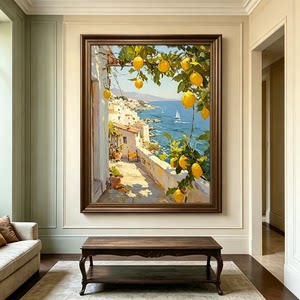 中古风手绘油画柠檬树海景》有框装饰画客厅挂画高级氛围感