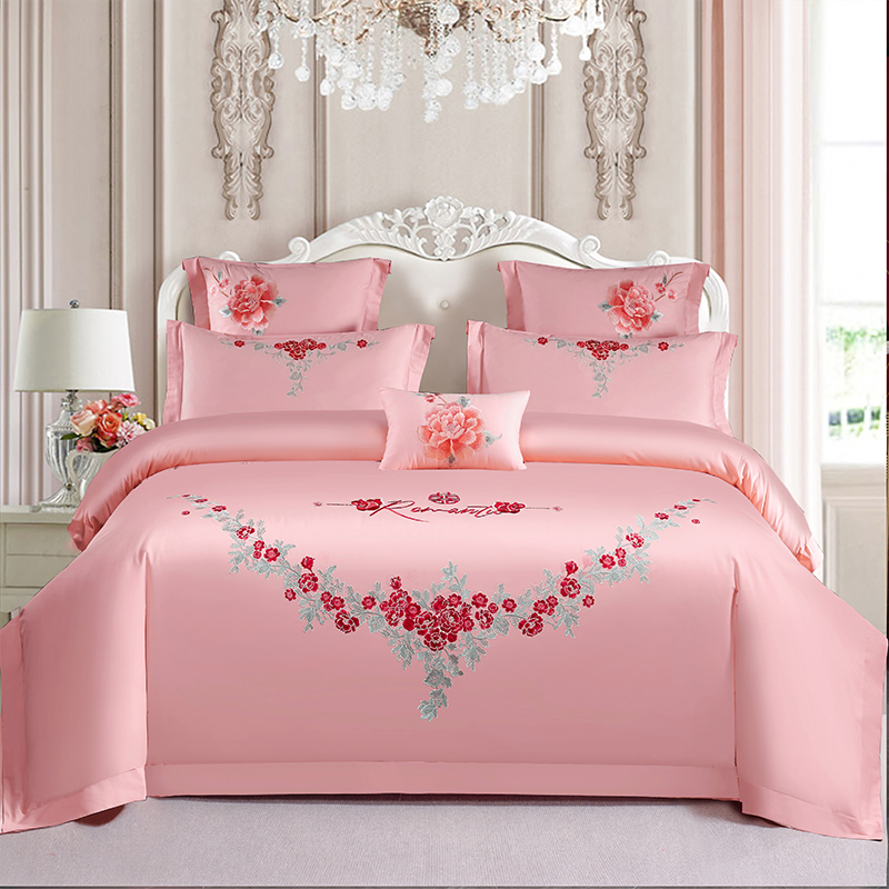 结婚床上四件套100s全棉爱心刺绣被套粉红色陪嫁床单纯棉喜庆床品 - 图1