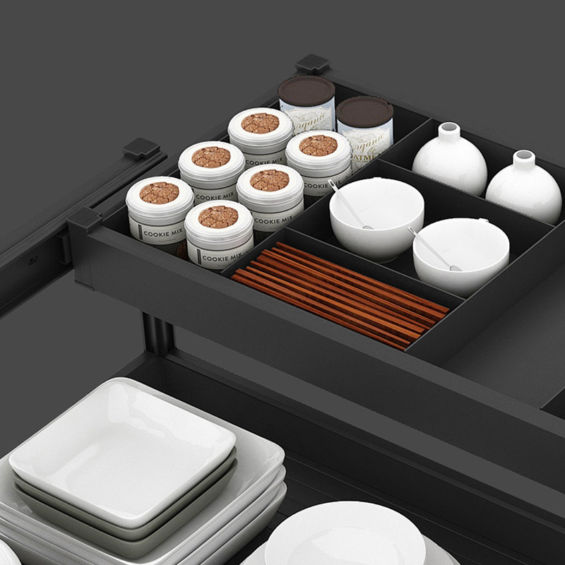 飞鸥厨房橱柜碗碟拉篮锅具收纳双层开门式抽中抽工具调味篮碗篮铝 - 图1