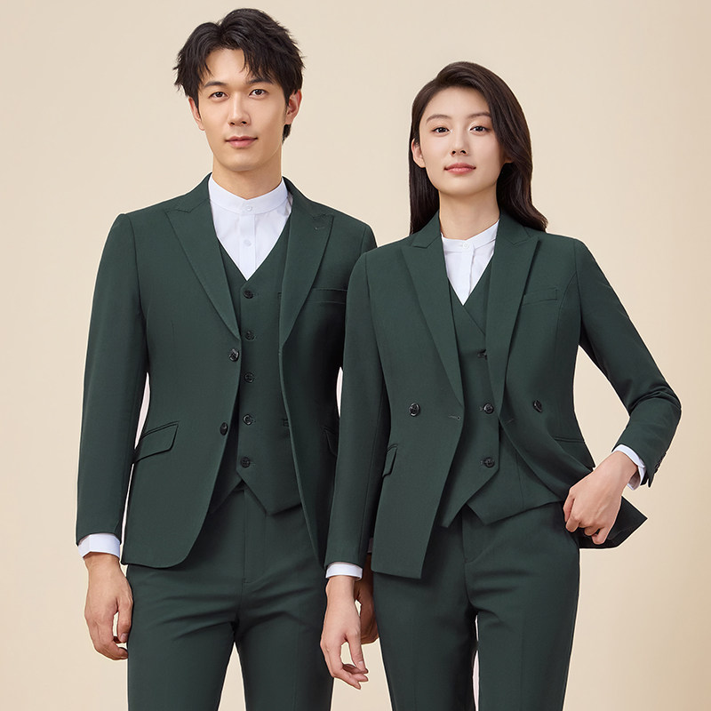 墨绿色男女长袖西服套装职业西裤马甲三件套银行邮政高档工作制服 - 图0