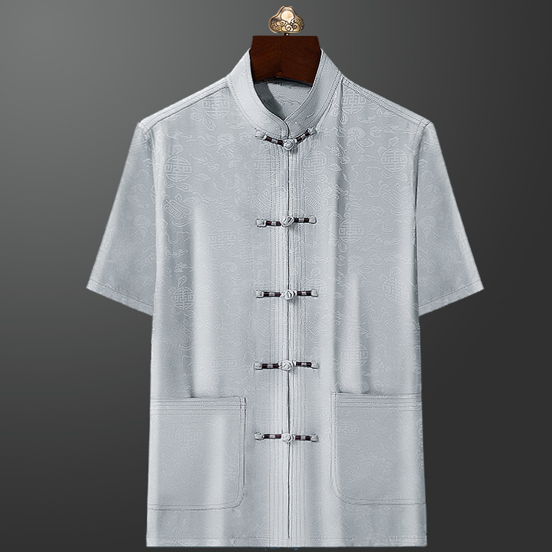 杰菲迪旗舰店中老年人唐装男短袖套装夏新品父亲民族风复古汉服爷爷装棉绸提花2