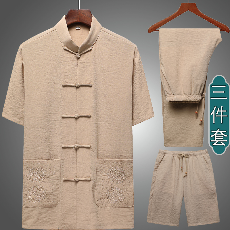 杰菲迪旗舰店中老年人棉麻唐装套装男短袖父亲亚麻爷爷夏中山装爸爸夏装中国风2
