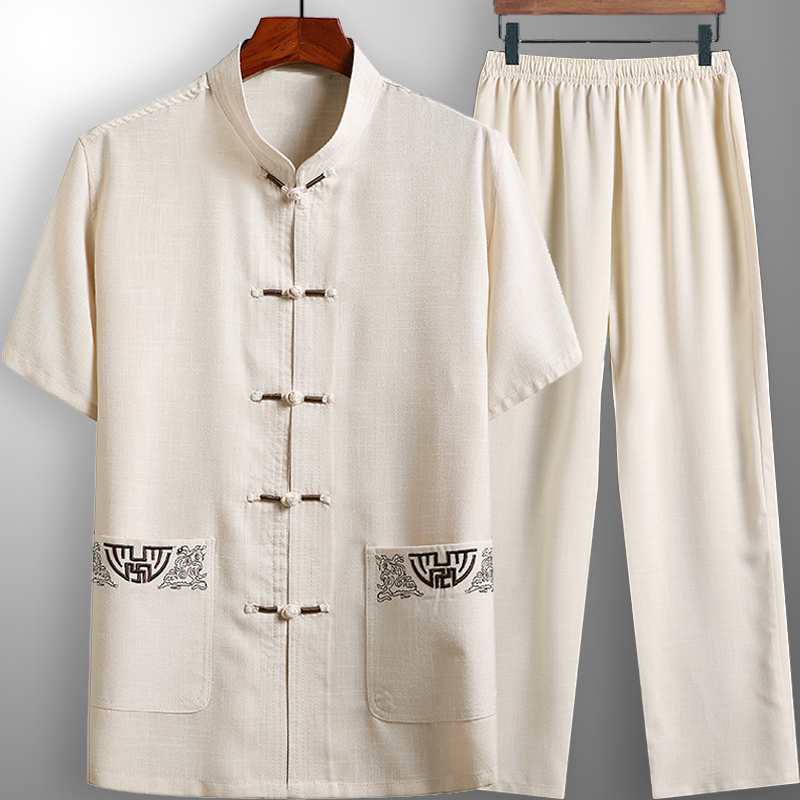 杰菲迪旗舰店唐装套装男士短袖休闲爸爸装亚麻爷爷衬衫棉麻T恤夏装中国风/1