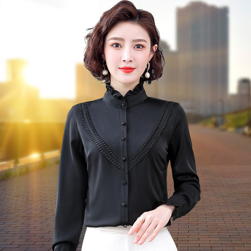 加绒缎面雪纺衬衫女长袖立领打底衫 粉萱服饰衬衫