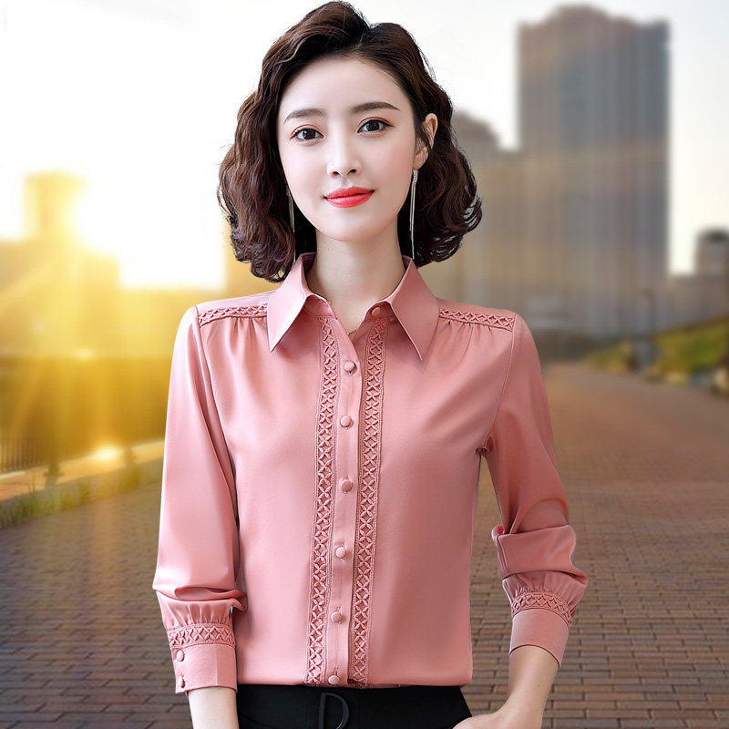 秋季缎面雪纺衬衫长袖2021打底衫 粉萱服饰蕾丝衫/雪纺衫