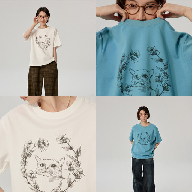 Omont egg tart home short sleeve retro kitten print