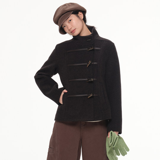 Retro horn button waisted short woolen jacket