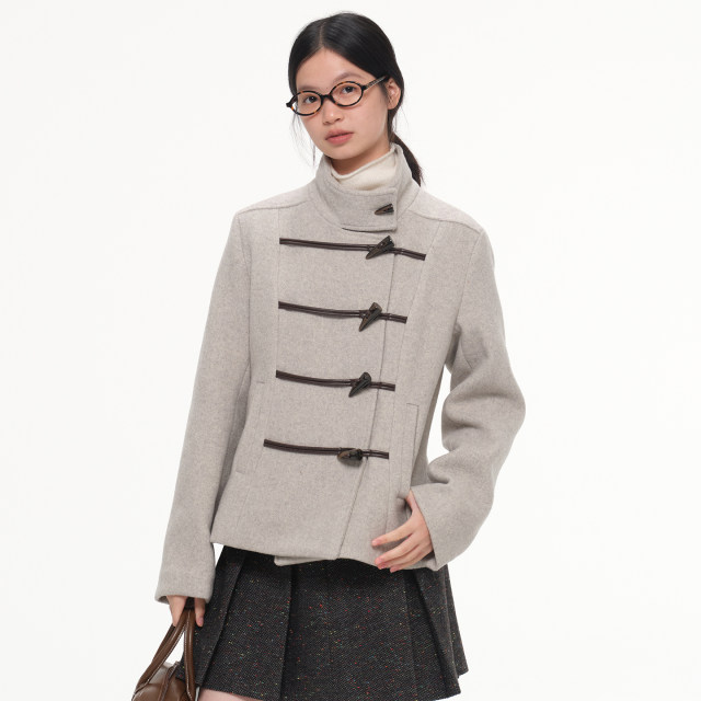 Retro horn button waisted short woolen jacket