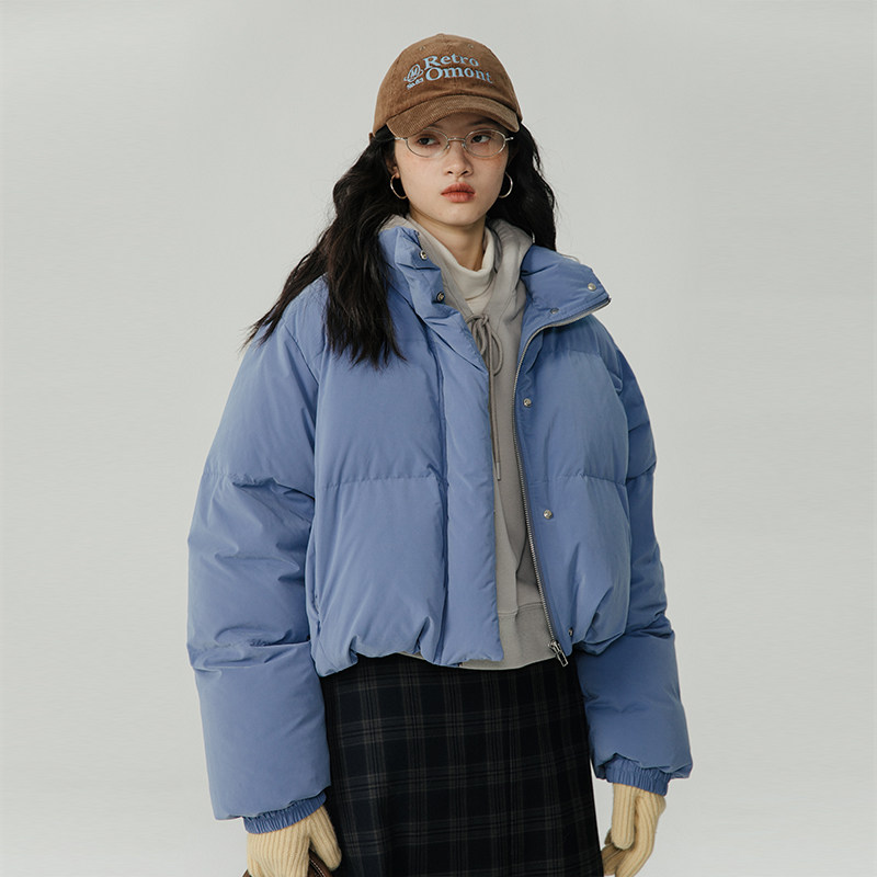 omont蛋挞家 蓝色立领短款羽绒服女冬季新小个子保暖面包服外套,淘宝优惠券,粉丝福利购,淘宝优惠卷