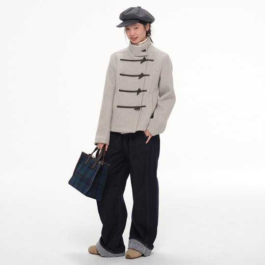 Retro horn button waisted short woolen jacket