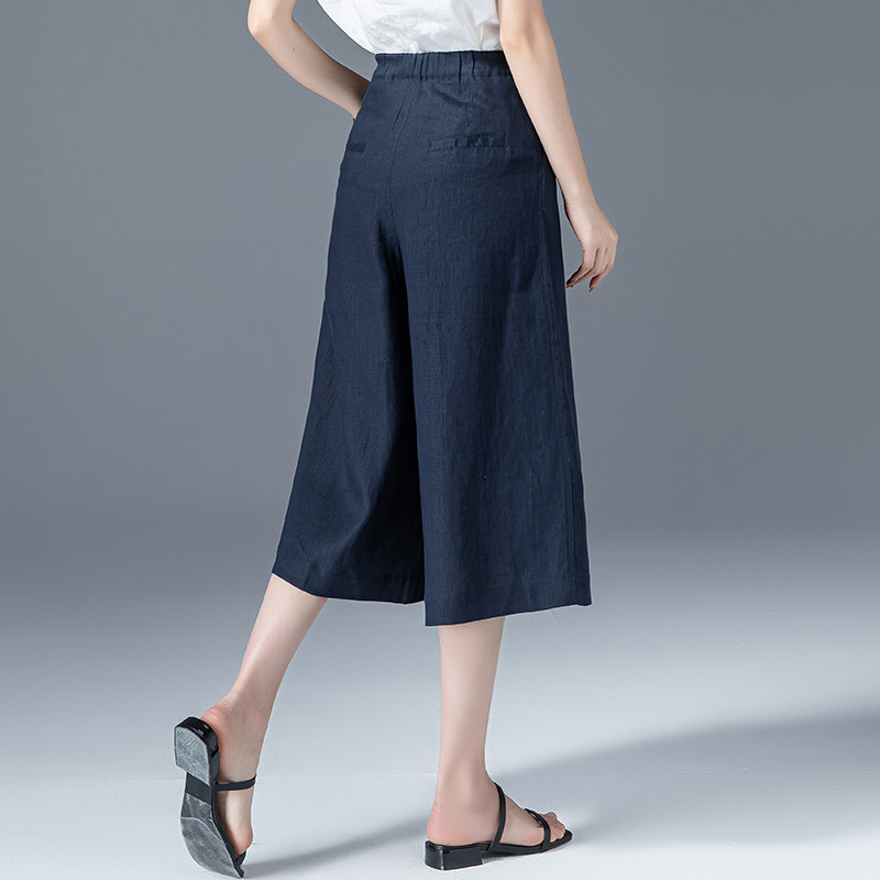 藏青色棉麻阔腿裤夏薄款直筒裤子 凌丹娜休闲裤