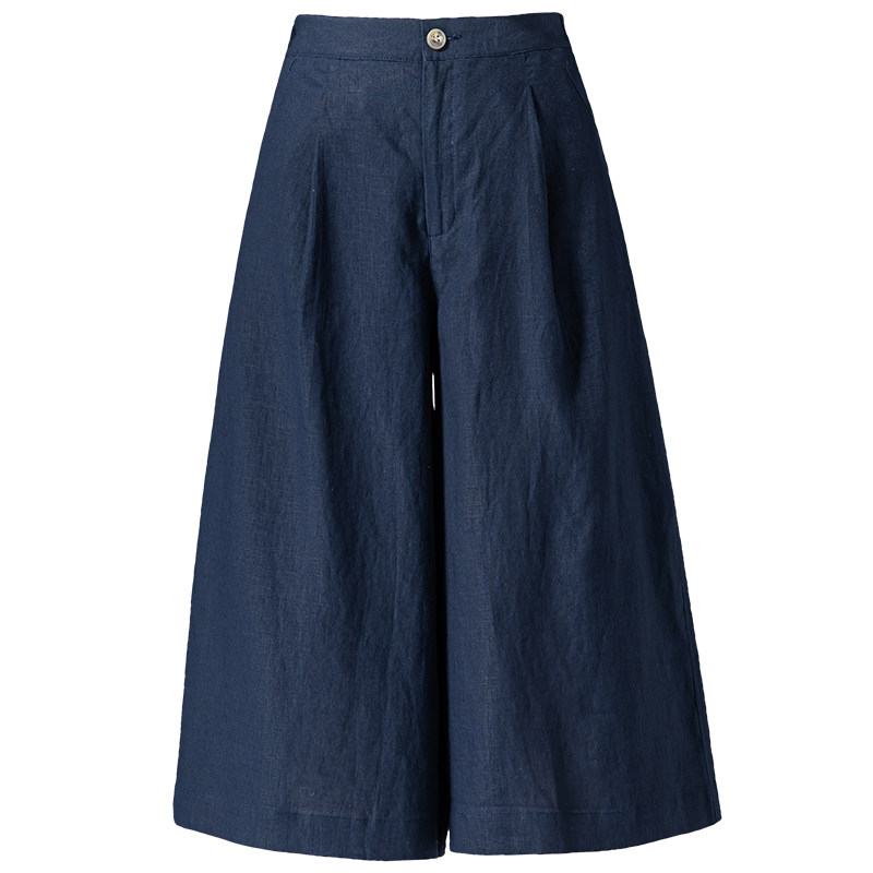 藏青色棉麻阔腿裤夏薄款直筒裤子 凌丹娜休闲裤