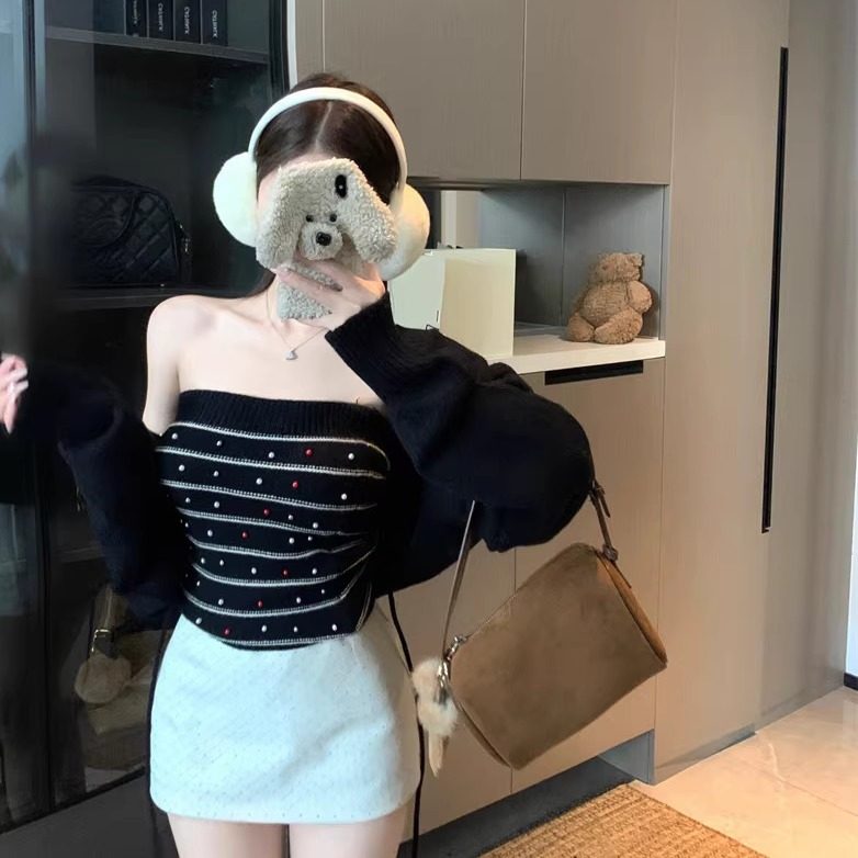 港味风格性感长袖套装女针织开衫外套+背心两件装抹胸背心两件套,淘宝优惠券,粉丝福利购,淘宝优惠卷