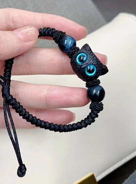 跨境可爱小猫咪情侣手链一对男女款仿木水晶编织手绳小众设计手环