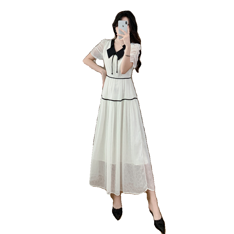 法式白色长裙女2024夏季新款娃娃领收腰显瘦气质仙女裙过膝连衣裙 - 图3