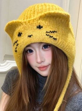 可爱猫耳朵系带针织帽女款秋冬季保暖帽子大头围显脸小护耳毛线帽