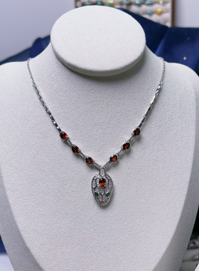 【新年红】s925纯银天然石榴石项链豪镶宴会年会套链礼物天然彩宝