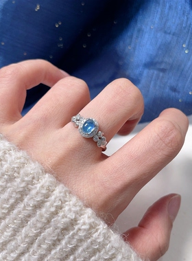 2.1更新款天然海蓝宝戒指s925纯银女款镶锆石精致小众闺蜜礼物