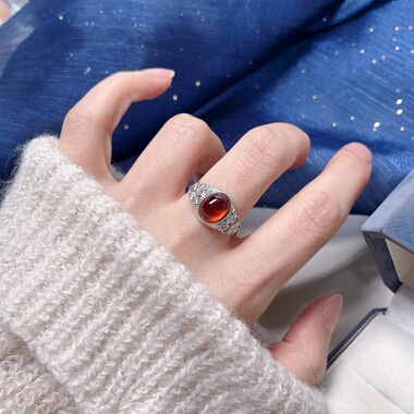 12.18更【石榴石蛋面】s925纯银酒红石榴石戒指女活口食指环礼物