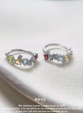 【繁花】s925纯银天然彩宝戒指女多宝橄榄石托帕石榴石排戒花花