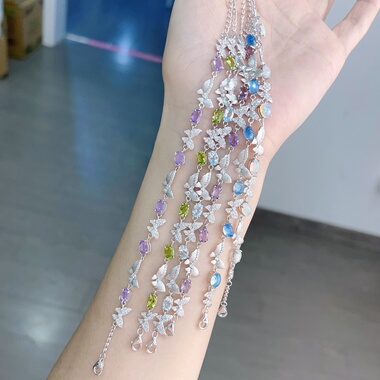 【梦蝶】s925纯银手链天然海蓝宝欧泊紫水晶小清新拉丝工艺设计款