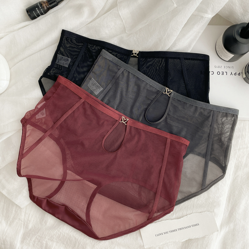 蕾丝内裤女款中腰蚕丝抗菌档透气网纱透明性感镂空包臀舒适三角裤 - 图1