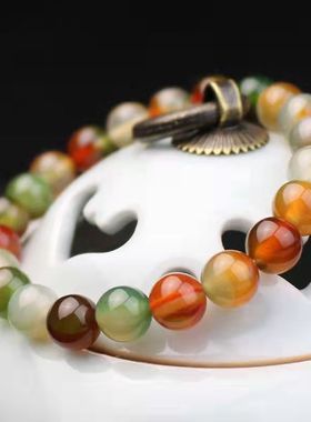 新品天然七彩玛瑙珠手串水晶转运手饰男女款红绿玛瑙手链手串包邮
