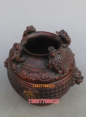 纯铜聚宝盆四方纳财钱罐金蟾四仪罐铜坛子招财聚财家居风水装饰