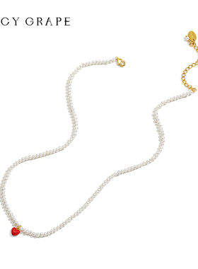 珍珠可爱甜美红色桃心爱心项链