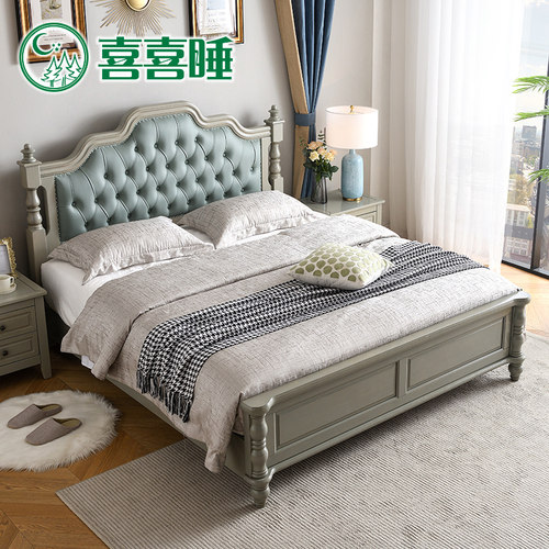 全实木床 卧室1.5 1.8双人美式轻奢床储物婚床真皮 家具简约复古 - 图1