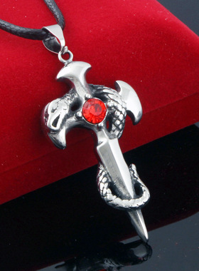 T62十字架欧美项链男士潮复古时尚吊坠蛇盘剑造型挂饰