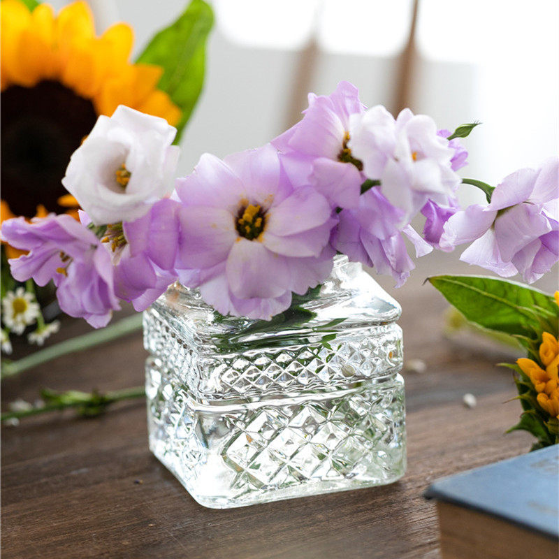 花时间 甜典 美式浮雕刻花方形大口桌面摆件玻璃花瓶水养植物瓶 花时间日系花瓶店 淘优券