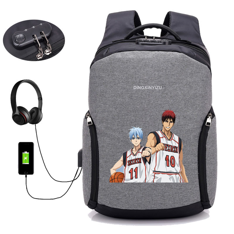 黑子的篮球背包男女商务双肩包旅行锁码防盗学生书包USB充电背包