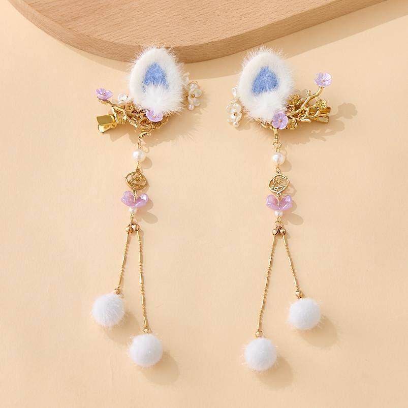 拾月汉服女童冬款儿童古风兔子毛球发饰宝宝国风长款流苏对夹头饰,淘宝优惠券,粉丝福利购,淘宝优惠卷