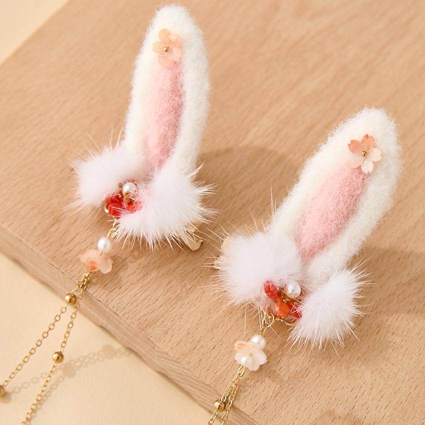 拾月汉服女童冬款儿童古风兔子毛球发饰宝宝国风长款流苏对夹头饰,淘宝优惠券,粉丝福利购,淘宝优惠卷