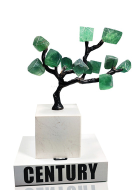 现代简约天然绿萤石迎客松软装家居饰品样板间桌面摆件软装设计
