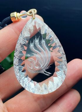 收藏级精品天然巴西白水晶千禧钻石精工凤凰吊坠 雕工精美
