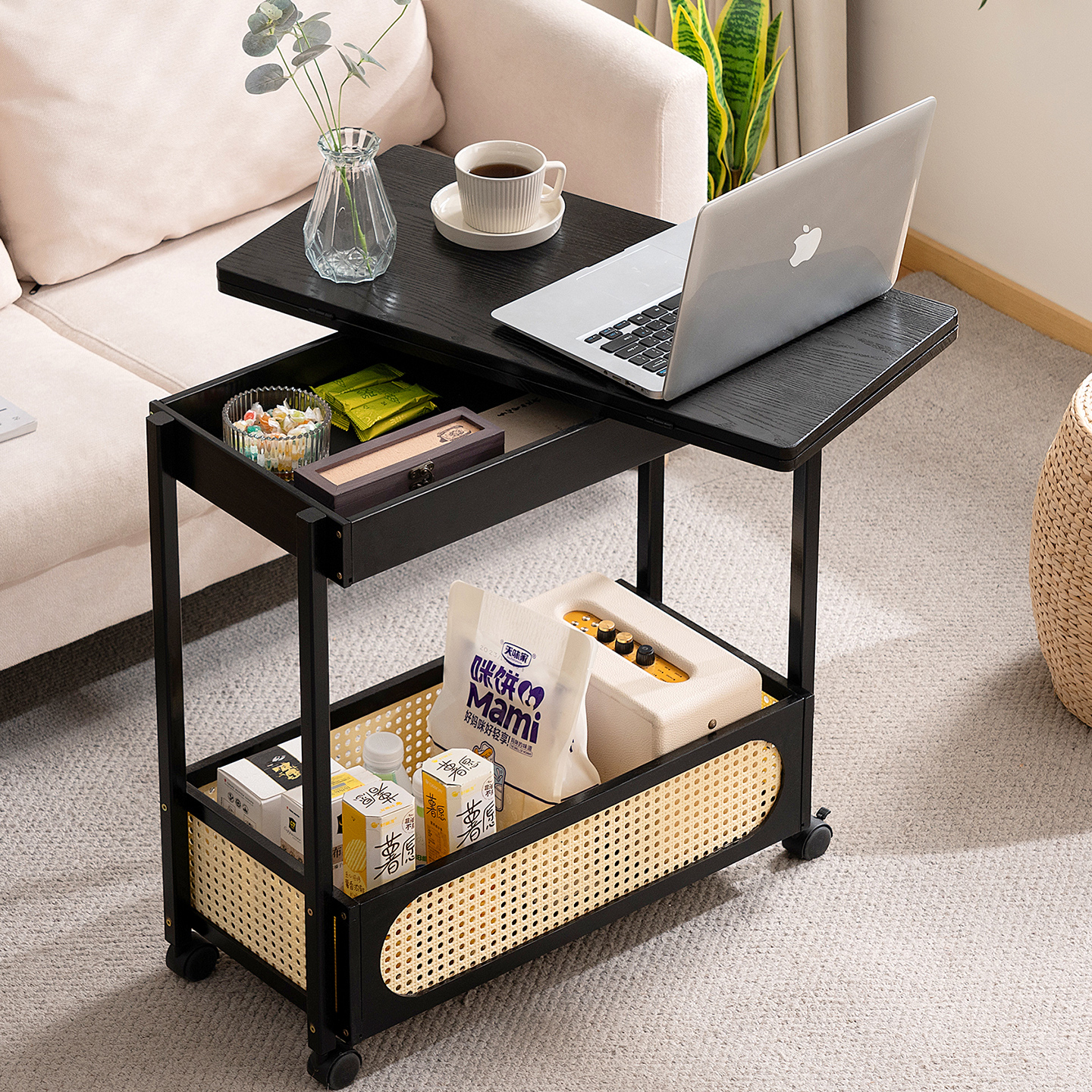 可移动边几茶几中古小桌子沙发边柜小户型折叠实木客厅推车置物架 - 图0
