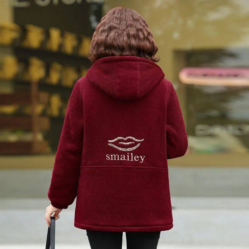 中年妈妈新款加绒加厚连帽休闲卫衣冬季中长款外套时尚保暖开衫女,淘宝优惠券,粉丝福利购,淘宝优惠卷