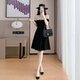
2025 summer new French temperament black skirt slim and slim and heavy industrial spliced ​​short-sleeved high-end dress